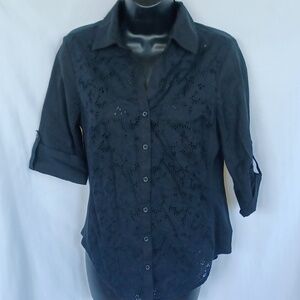 Grand and Greene sz S black cotton button down shirt, eyelet front, roll sleeve
